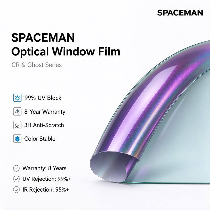 SPACEMAN Top Optical Nano Ceramic Car Window Tint Film — 99% UV Block & IR Heat Rejection, 3H Anti-Scratch, 8-Year Color Stable | CR & Ghost Series, Multiple VLT Shades